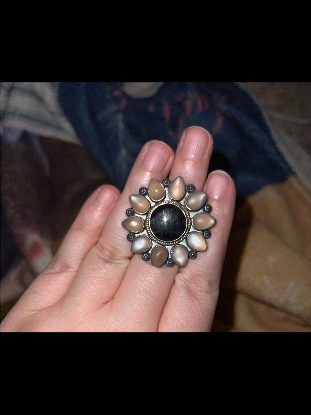 Handcrafted Black and Taupe Flower Statement Ring
